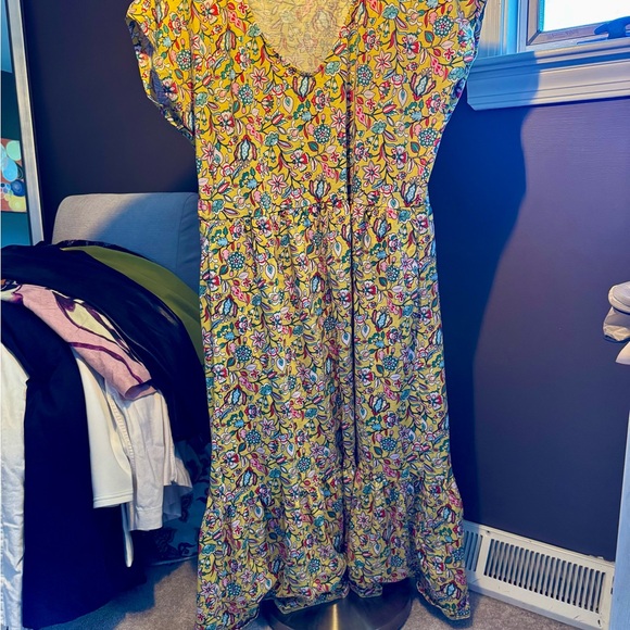 Boden Floral Yellow Tiered Midi Dress with Pockets - Picture 1 of 3